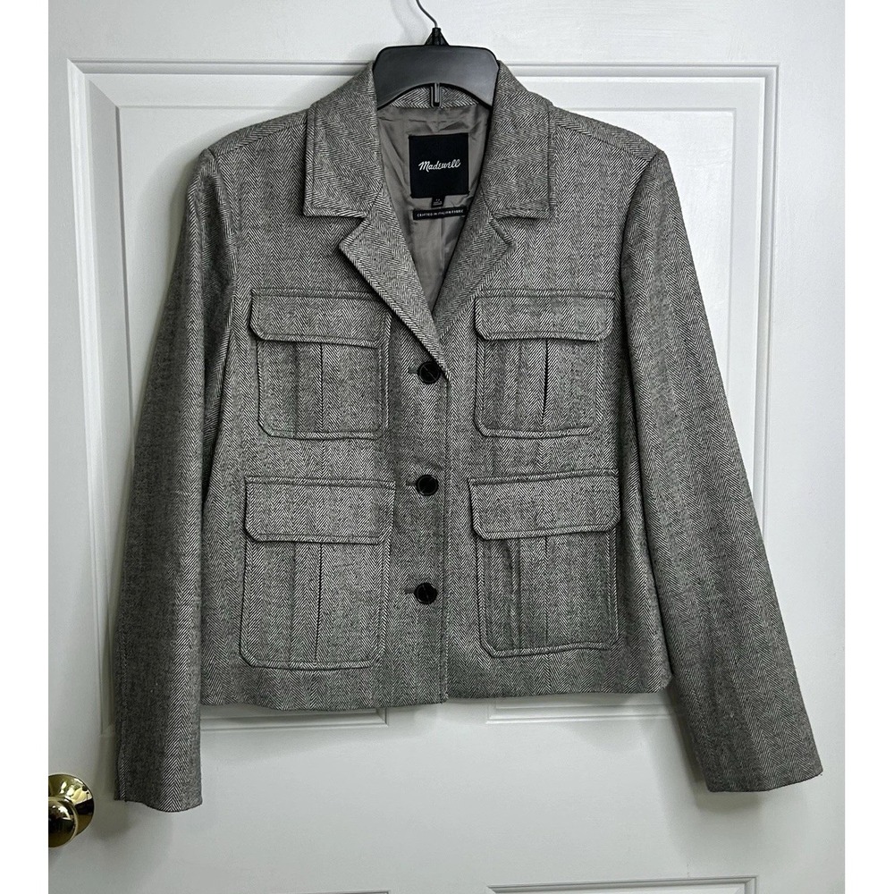 MADEWELL Flap-Pocket Field Jacket Womens 12 Slate Grey Herringbone Lightweight